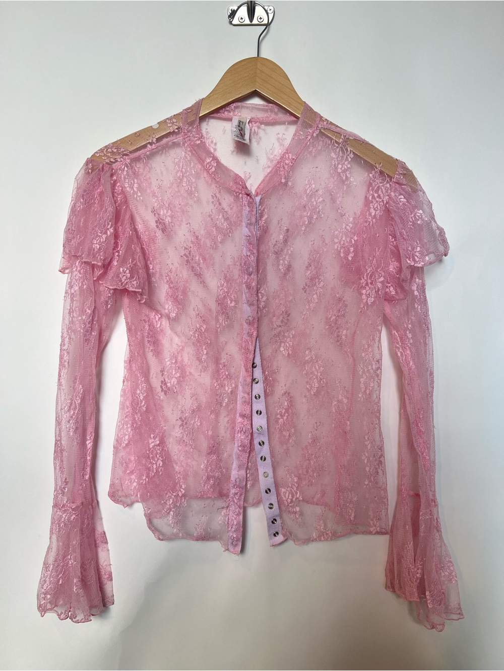 Vintage Y2K Pink Sheer Lace Mesh Bell Sleeve Top Fairycore Coquette S